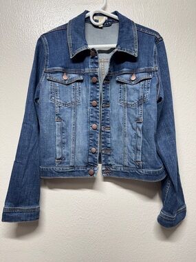 Eileen Fisher Denim Jean Jacket Size Large Trucker Crop Flap Pockets Button